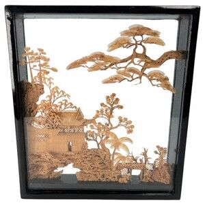 San You Diorama Hand Carved Cork Miniature Chinese Architecture Scene Folk Art
